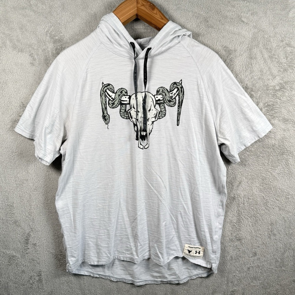 Under Armour Project Rock Short Sleeve Hoodie Men Large Gray Bull Skull Snake
